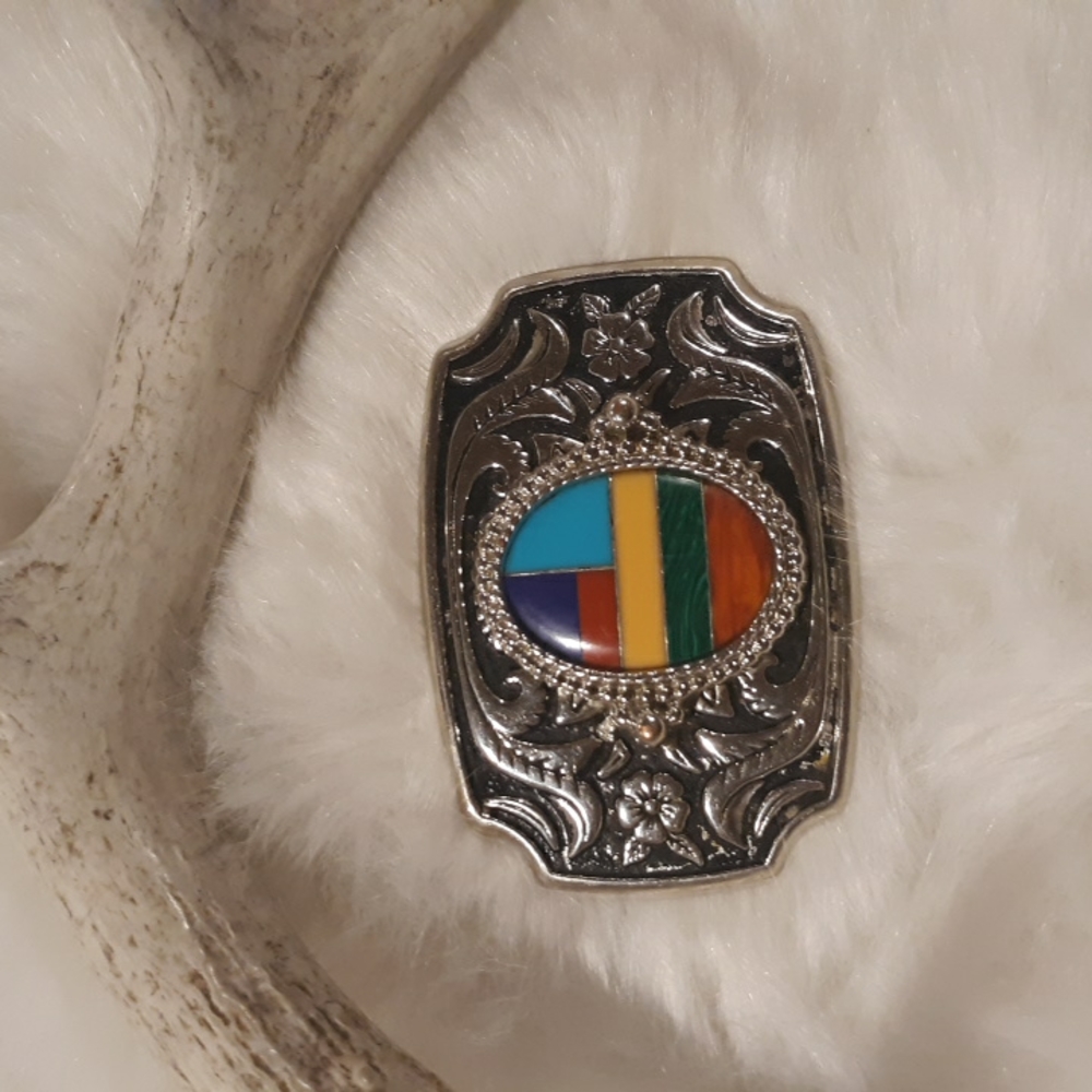 Southwestern Style Stone Inlay Belt Buckle - Picture 2 of 7